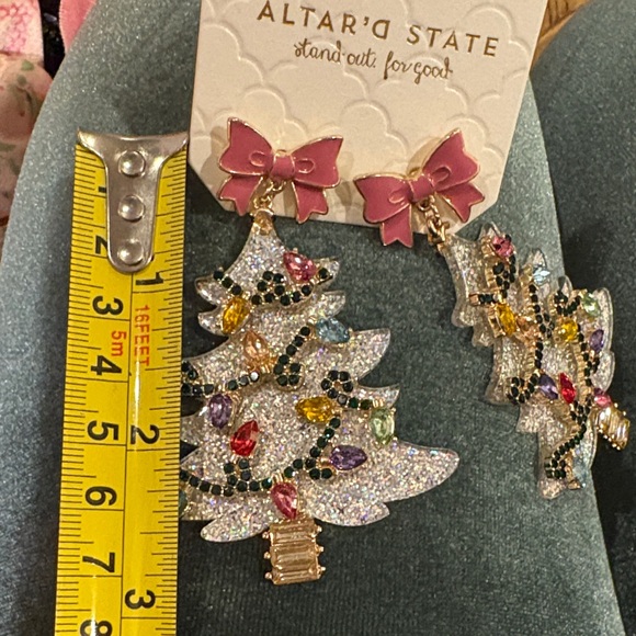 Altar'd State Glitter Christmas Tree Earrings Silver Holiday Party Statement - Picture 9 of 10
